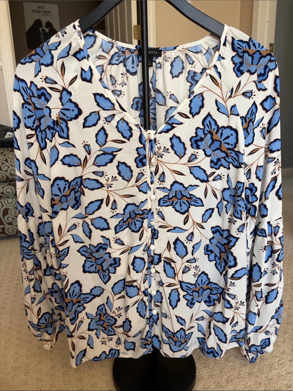 Talbots Cream Blouse with Blue Floral Print